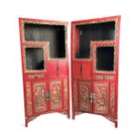 A pair of Chinese carved wood red lacquer and parcel-gilt display cabinets, late Qing Dynasty,