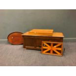 An oak blanket chest, a galleried tray, an oval tray and another (4)