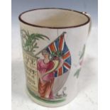 A Bristol pearlware mug circa 1814, marked 'Peace of Europe signed at Paris May 30, 1814', 11.75cm