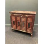A Chinese painted red and black four-door cabinet with gilt carving, 92 x 97 x 49cm