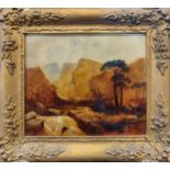 English School early 19th century, Mountainous landscape, oil on panel with reverse stamped '