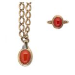 A 9ct gold coral ring, together with a coral pendant and chain,