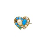 A pearl and turquoise double heart brooch,