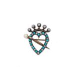 A turquoise, pearl and diamond crowned heart brooch,