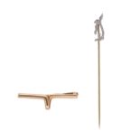 A brooch and diamond set stick pin,