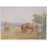 Charles Collins A.R.C.A. (1851-1921), Harvest time with figures and horses, signed, watercolour,