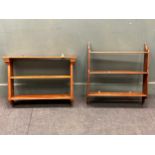 A late Victorian pitch pine hanging shelf 51 x 73 x 19cm and another mahogany hanging shelf 66.5 x