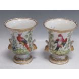 A pair of 'gold anchor' mark vases painted with exotic birds and flowers, probably Samson, restored,