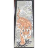 Six Japanese scroll paintings, to include a tiger, peacock, horse, flowers etc (6)