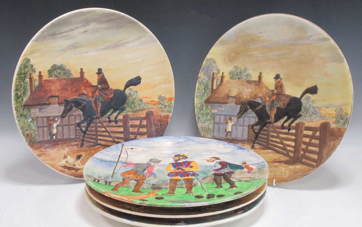 Five Burleigh ware painted relief moulded chargers, to include three Dick Turpin chargers painted by