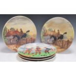 Five Burleigh ware painted relief moulded chargers, to include three Dick Turpin chargers painted by