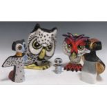 Three Goebel character owls designed by Rosina Wachtmeister and two Lorna Bailey pottery character