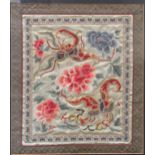 A pair of Chinese embroideries with central Fo dog 32 x 34cm together with a floral decorated