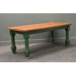 A stained pine and green painted kitchen table, 78 x 198 x 89cm