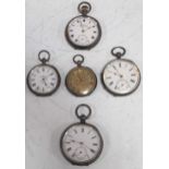 Five silver cased open face pocket watches including Continental, with keys