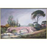 20th century,Children playing in a stream by a bridgeoil on canvas, signed and dated lower right