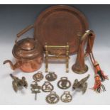 Various metalwares to include a pair of brass desk cannons, a copper and brass bugle with