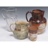 A Royal Doulton 'Jackdaw of Rheims' jug, a harvest jug and beaker, and a glass vase, (4)