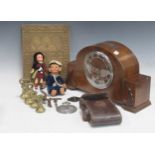A chiming mantel clock, Soho camera, Norah Wellings sailor doll, Scottish dress doll, etc