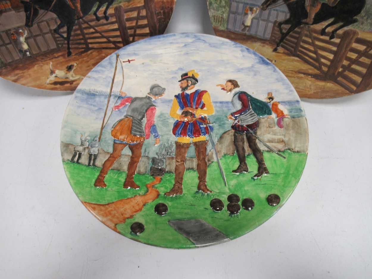 Five Burleigh ware painted relief moulded chargers, to include three Dick Turpin chargers painted by - Image 3 of 7
