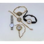 Four 9ct gold wristwatches and a Tissot wristwatch, together with 2 pairs of clip-on earrings