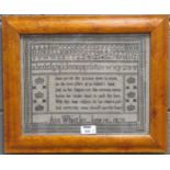 A needlework sampler dated 1828 by Ann Whistler, 25 x 32cm, maple framed, and a pen and ink map of