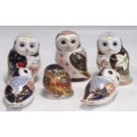 Six Royal Crown Derby porcelain imari pattern model owls, to include Daybreak & Twilight owls, Old