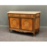 A French Transitional style marquetry commode with marble top and gilt metal mounts on short