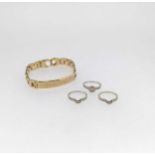 Three hallmarked 9ct gold dress rings and a hallmarked 9ct gold bracelet, gross weight 24.1g (4)