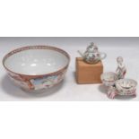 A Chinese enamelled porcelain punch bowl (hairline crack), a miniature teapot and a Berlin bon-bon