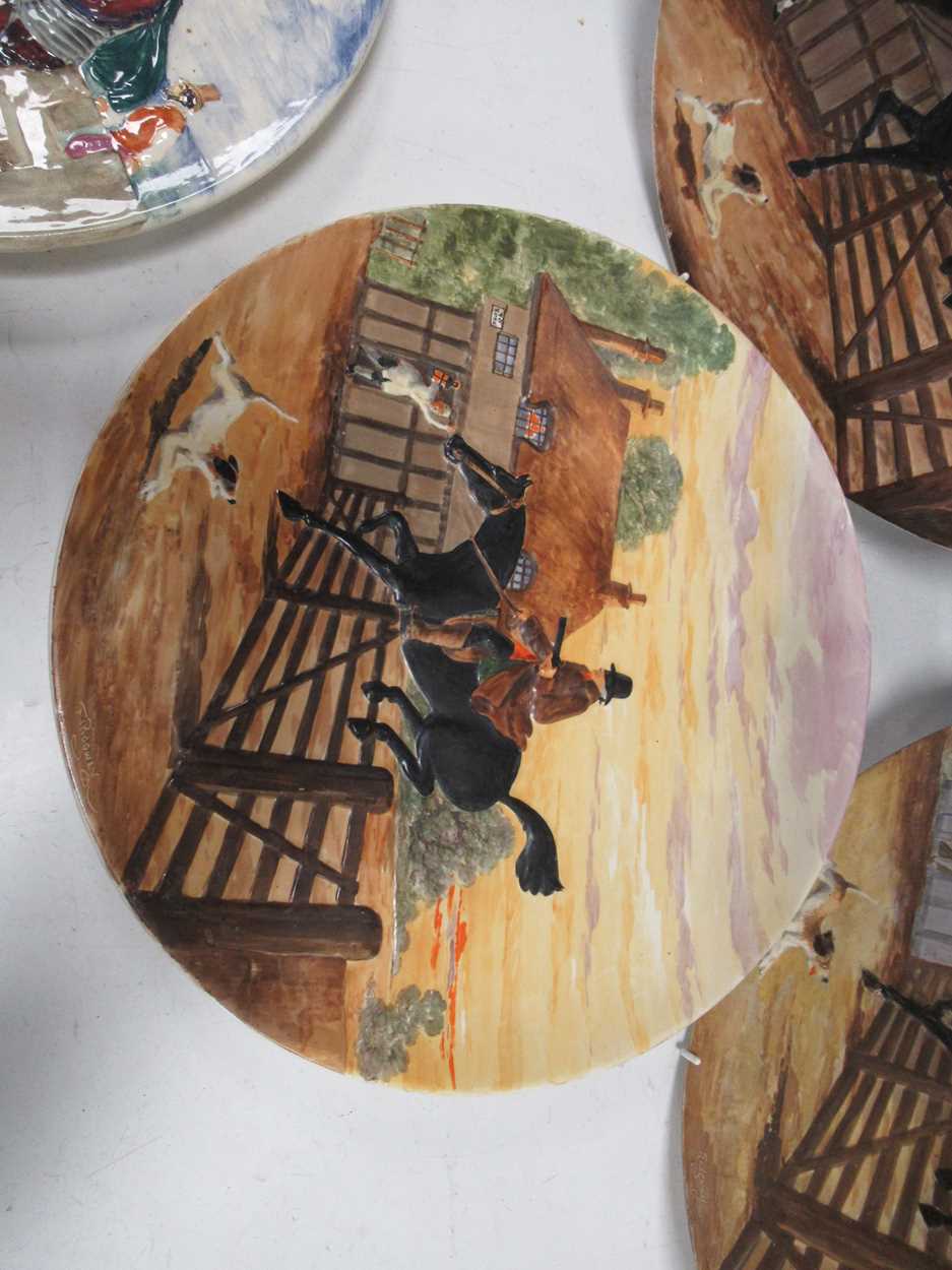 Five Burleigh ware painted relief moulded chargers, to include three Dick Turpin chargers painted by - Image 4 of 7