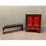 A black and red lacquered side cabinet 79 x 62 x 48cm and a small four-drawer low table 32 x 86 x