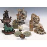 Collection of Chinese soapstone and other carvings with two hardstone eggs (11)