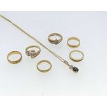 Three hallmarked 9ct gold dress rings, together with three hallmarked 9ct gold wedding bands and a