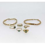 Five hallmarked 9ct gold emerald rings, together with two hallmarked 9ct gold bracelets, gross