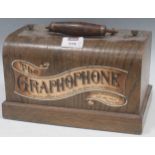 A Columbia Graphophone cylinder musical box and an oak tabletop gramophone with green tin horn (