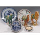 A group of three Tang-style model horses and camels, the tallest 18cm high, a stoneware teapot and