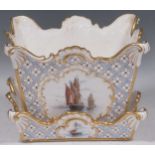 A Mintons jardiniere and stand, of square section, painted with alternating panels of boats and