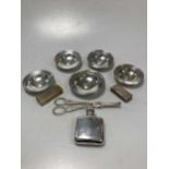 A pair of silver grape shears, 5 silver 'Armada' style dishes and a silver hip flask, 11.3ozt