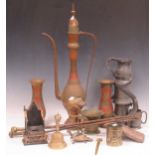 Collection of metalware, including fire irons, Indian brassware, pewter bugs, a mortar, etc