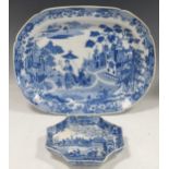 A blue and white transfer printed 'Queen of Sheba' meat plate, 33 x 43cm, and another octagonal