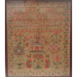 Three 19th century needlework samplers, typical alphabet bands and motifs