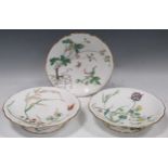 Three hand-painted porcelain fruit tazzas decorated with strawberries, flowers, fruit and