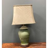 A green glazed ceramic baluster vase lamp base 86cm high including shade