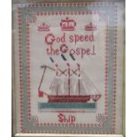 Four needleworks, including ship picture and 3 19th century samplers