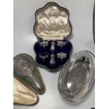 A cased silver 6-piece cruet set together with a cased silver backed dressing table mirror and an