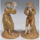 Pair of small Royal Worcester figures – piper and tambourine player, approx 17cm high The gilding