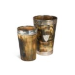 Two silver mounted horn beakers, early 20th century,