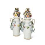 A pair of Dresden Schneeballen urns and covers, circa 1870,