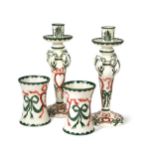 A pair of Wemyss 'Queensberry House' candlesticks and a pair of beakers, circa 1895,
